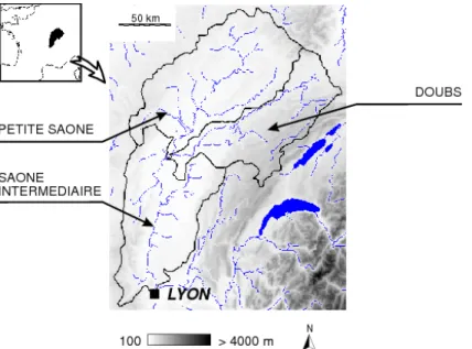 Figure  2.1  : Localisation géographique des trois sous-bassins versants de la Saône, avec indication du  réseau hydrographique et de la topographie.