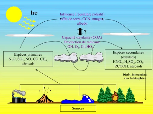 Figure 1.1 – Schéma de synthèse de l’influence de la capacité oxydante de l’atmosphère sur le réacteur chimique atmosphérique et sur le climat terrestre, via les transformations subies par les composés primaires injectés au niveau de la surface.