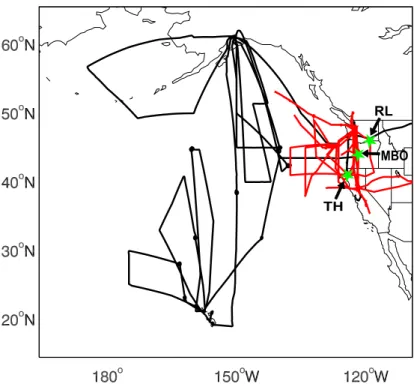 Fig. 1. Flight tracks of the NASA DC-8 (black) and NSF/NCAR C-130 (red) aircraft during the INTEX-B campaign (17 April–15 May, 2006)