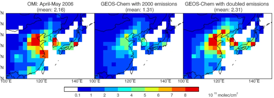 Fig. 2. Mean tropospheric NO 2 columns from OMI and the GEOS-Chem model in April–May 2006 over eastern Asia