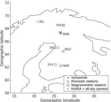 Figure 2.1. Map of Fennoscandia with the locations of the ground-based instruments used in this thesis