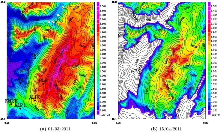 Figure 7.3 – Cartes de hauteur de neige simulée par Crocus sur le massif des Grandes Rousses pour deux dates au cours de l’hiver 2010/2011