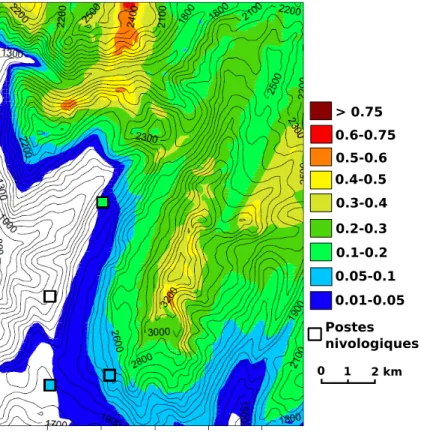 Figure 9.9 – Différence de hauteur de neige (m) simulée par Meso-NH/Crocus sur le massif des Grandes Rousses à une résolution horizontale de 150 m entre le 15/02/11 12h et le 14/02/11 15h pour la simulation CTRL