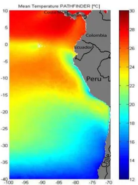 Fig. 1.11: TSM moyennes climatologiques (°C) dans le Pacifique Sud-Est à partir de données satellite AVHRR  Pathfinder (Vazquez et al., 1995)