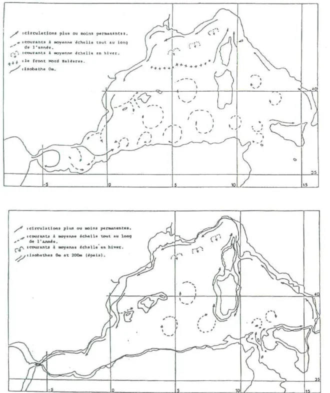 Fig. 2.5 – Circulation de l’Eau Modifi´ee d’origine Atlantique (en haut) et de l’Eau Levantine Interm´ediaire (en bas)
