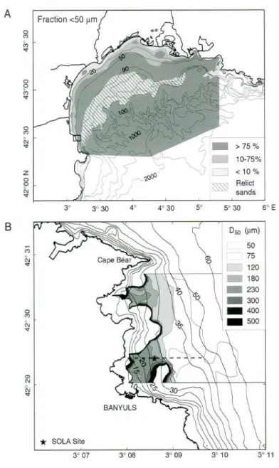 Fig. 4.1 – Bathym´etrie et granulom´etrie dans le Golfe du Lion (A) et dans la baie de Banyuls-sur-Mer (B)