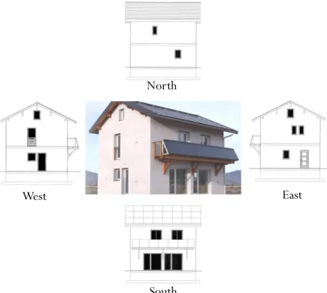 Figure 1.6 – Prise de vue de la maison DM associée aux croquis de la distribution des vitrages en fonction des 4 orientations.