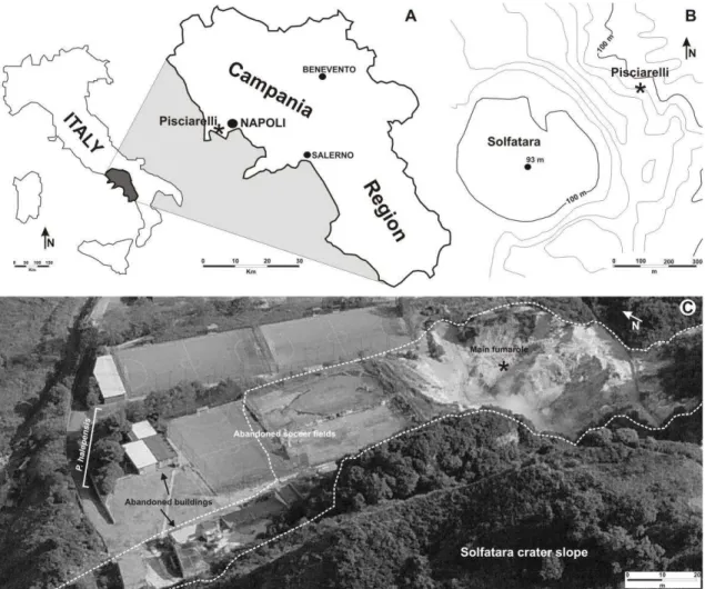 Fig. 1. (A) Location of the Pisciarelli area in the Campania Region. (B) Sketch map showing the location  of Solfatara crater and Pisciarelli localities