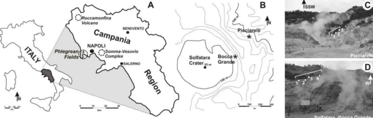 Fig.  1.  (A)  Location  of  the  Phlegrean  Fields  and  others  gas-emitting  volcanic  areas  (dotted  circles)  in  Campania Region