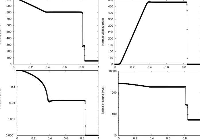 Fig. 8. Water–air shock tube with large density and pressure ratios (TC3). On the pressure plot, the scale is logarithmic.