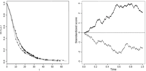 Figure 4.2 – Estimateurs de Kaplan-Meier et processus du score standardisés pour les données de l’essai clinique avec 3 groupes de traitement.