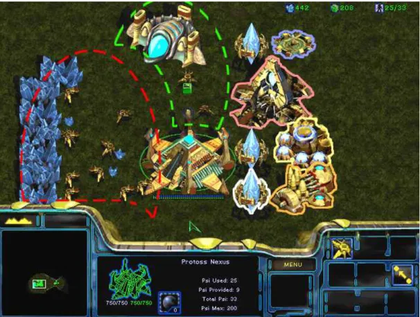 Figure 4.1: A StarCraft screenshot of a Protoss base, with annotations. The interface (heads up display at the bottom) shows the mini-map*