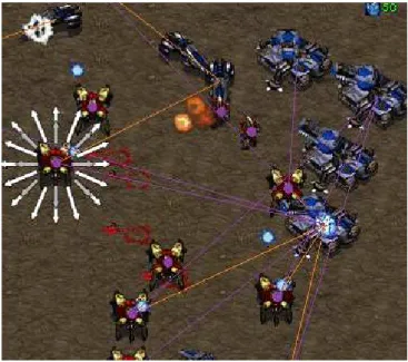 Figure 5.2: Screen capture of a fight in which our bot controls the bottom-left units in StarCraft.
