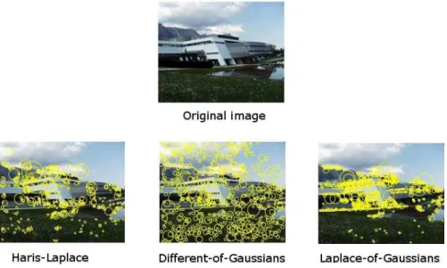 Figure 2.4: Saliency regions detected using different methods: Haris-Laplace, DOG and LOG [Mikolajczyk &amp; Schmid 2002].