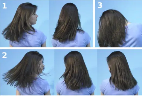 Figure 4.2: Three important features of the real hair collective behavior, emerging from nonsmooth friction: (1) Stick-slip instabilities, especially visible here between the hair and the right shoulder; (2) Spontaneous splitting of hair into thin wisps an