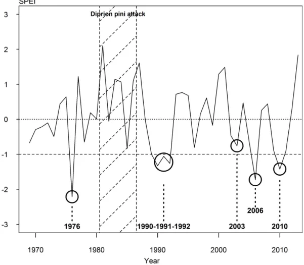 Figure 1. SPEI computed for the growing season (April to October) from 1970 to 2013. The 247 