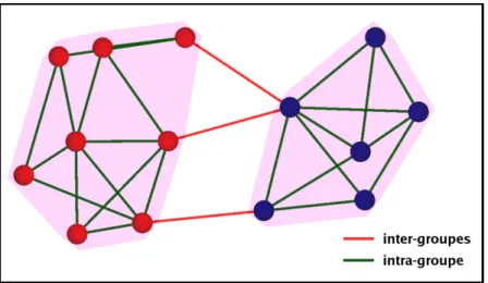 Fig. 2.2: Partition d’un graphe en deux groupes (en rose dans le dessin). Les arˆetes vertes sont les arˆetes intra-groupes tandis que les arˆetes rouges sont les arˆetes  inter-groupes.