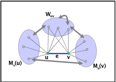 Fig. 3.1: La m´etrique Strength de l’arˆete e = (u, v) est calcul´ee en comparant le nombre de cycles de tailles 3 et 4 passant par cette arˆete au nombre maximal de tels cycles.