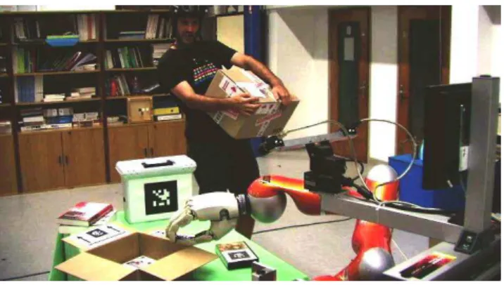 Fig. 1 Interacting with the robot in an everyday setup: the human asks for help in vague terms, the robot takes into account the human’s spatial perspective to refine its  under-standing of the question.