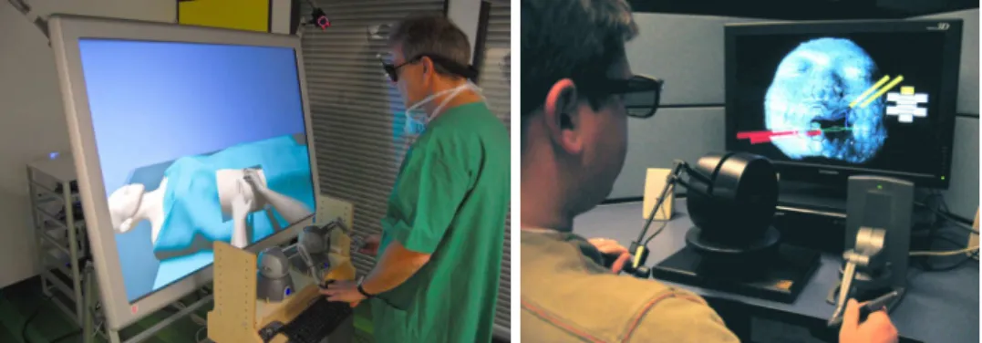 Figure 2.2 – Bimanual haptic applications with Phantom devices: medical training simu- simu-lator [Ullrich and Kuhlen, 2012] and 3D mesh manipulation software [Faeth et al., 2008].