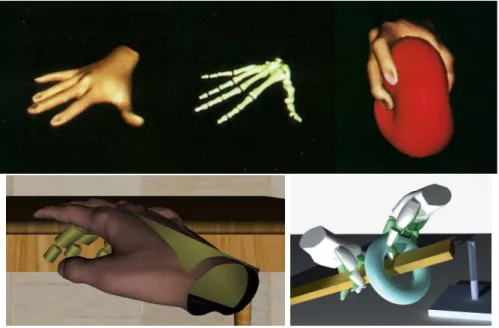 Figure 2.11 – Examples of deformable hand models for interaction with virtual environ- environ-ments: FEM-based models with underlying rigid skeleton [Gourret et al., 1989] or coupling to a rigid skeleton with springs [Garre et al., 2011], and lattice shap