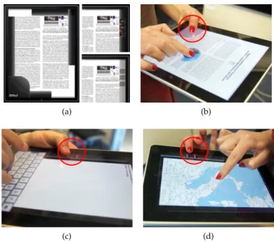 Figure 2 . 17 : Bimanual interaction on a multitouch tablet with BiPad: a) BiPad interaction zones for the non-dominant hand (which holds the device); b) navigating in a document; c) switching to uppercase while typing on a virtual keyboard;