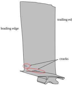 Figure 8: Schematic of the blade after the test (the damages visible on the tip of the blade on the trailing edge are not associated with the interaction phenomenon of interest in our study)