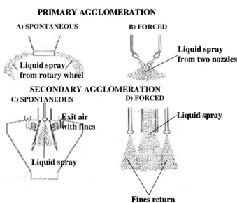 Figure  1.24.  Different  types  of  possible  agglomeration  inside  the  spray  drying  chamber  (adapted from Pisecky, 1997).