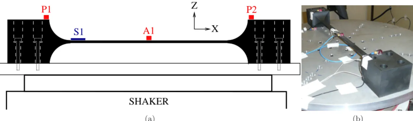 Figure 1: A schematic (a) and a picture (b) of the experimental setup which includes 3 accelerometers (P1,P2,A1) and a strain gage (S1).