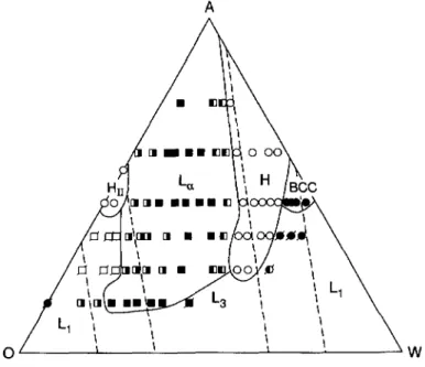 Fig. 10. Ternary phase diagram for H7T4 in oil and water at w = 0. ii19 (Nzw