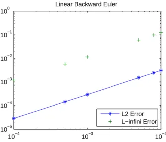 Figure 1: The evolution of the L 2 error norm and the L ∞ error norm Vs τ for an exact solution according to the linearized backward Euler scheme