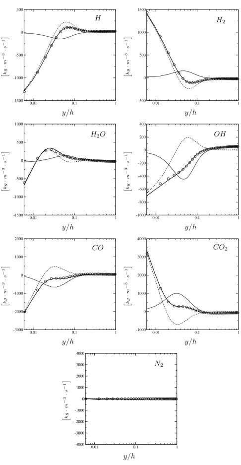 FIG. 6: Species mass fraction balances of case B (results for case D are not strictly identical but stay coherent with the analysis presented herein)