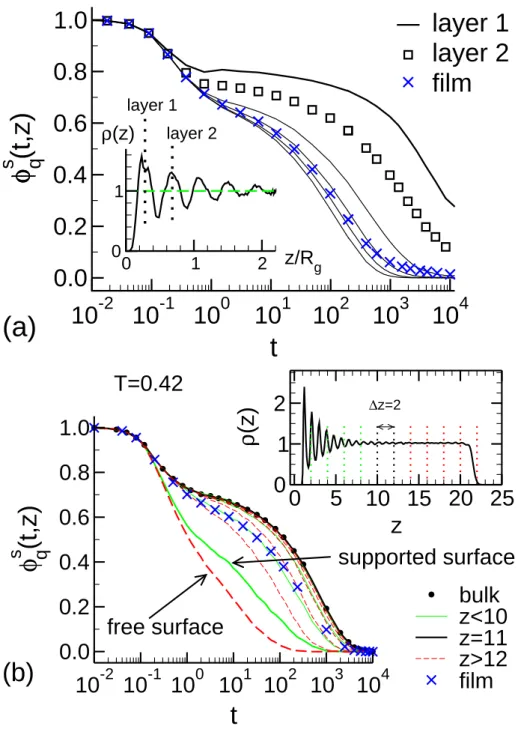 Figure 10: (a) Layer-resolved incoherent scattering function φ q s (t ,z) at T = 0.4 and q = 7.08 (= maximum of S(q)) for a bead-spring polymer melt surrounding an  icosa-hedral filler particle