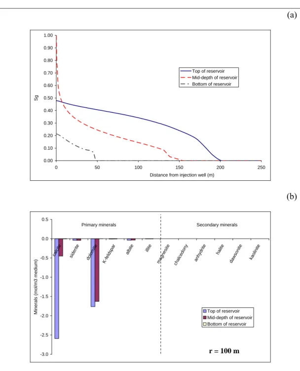 Figure 3: Results obtained with Scenario 1A: (a) Spatial evolution of gas saturation within the  reservoir after a 300-day period of supercritical CO 2  injection at 1 kg s -1  and 75 °C; (b) Quantity of  dissolved minerals (mostly carbonates) 100 m from t