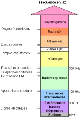 Fig. 2.2 – Illustration des diff´erents types de champs magn´etiques en fonc- fonc-tion de la fr´equence et des sources potentielles [5].