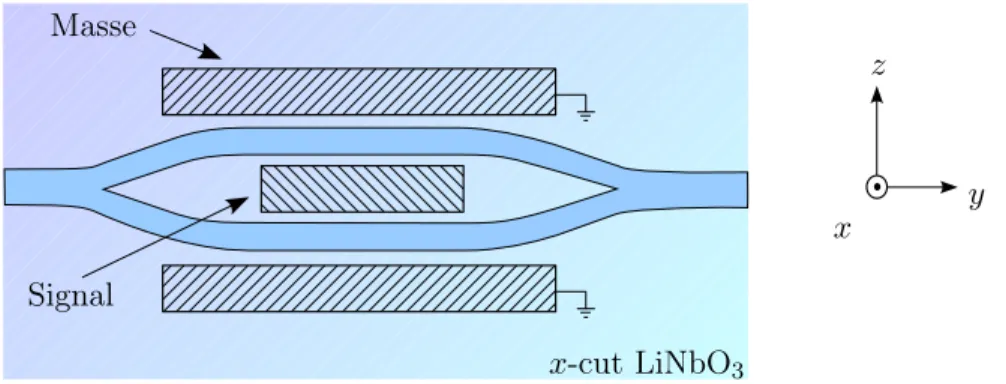 Fig. 1.9. Structure d’un modulateur dans un substrat en niobate de lithium dont la surface est orientée selon l’axe x du cristal.