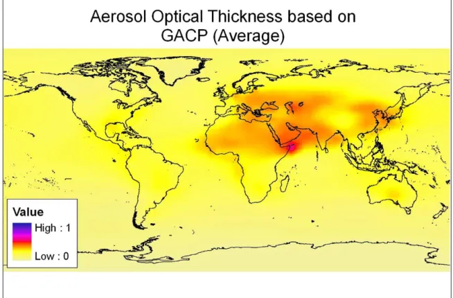 Figure 6.3: Annual average of the aerosol optical thickness in the GACP data set.  