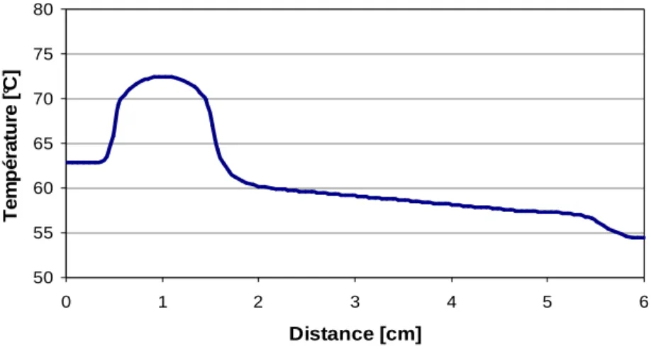 Figure 36 : Evolution du profil  de température obtenue avec le modèle le long du caloduc 