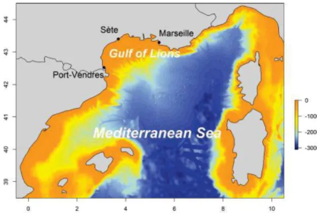 Fig.  1  Map  of  the  Gulf  of  Lions  with  indication  of  the  bathymetry. 