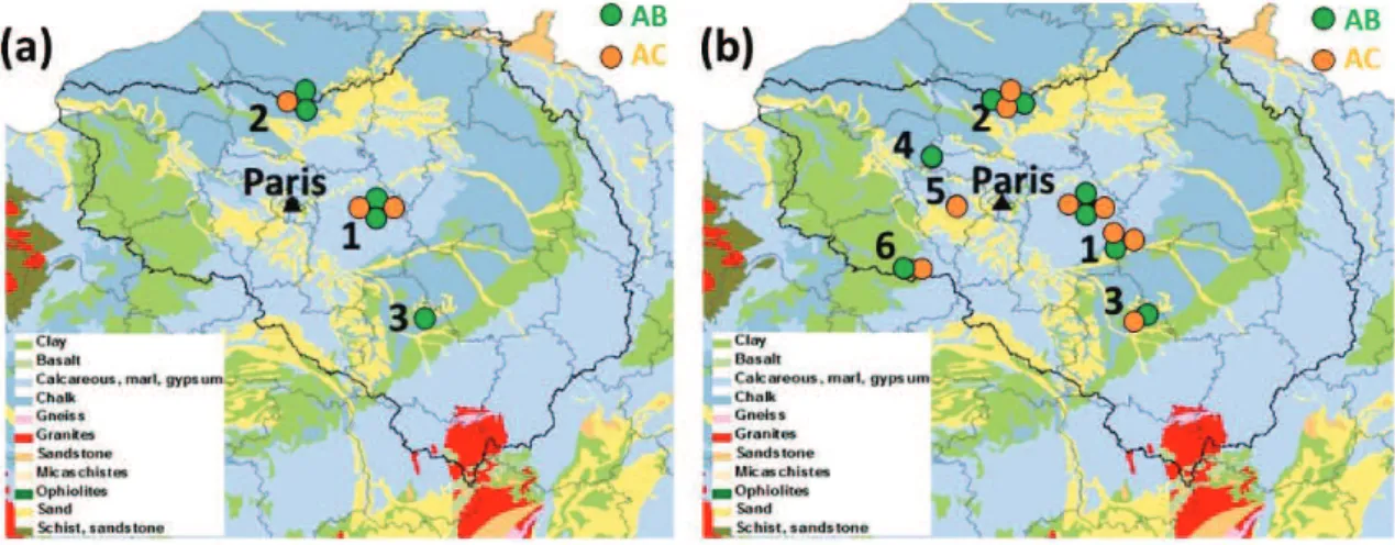 Figure 2-4. Carte lithologique du bassin de la Seine avec les exploitations agricoles équipées en 2012- 2012-13 (gauche) et 202012-13-14 (droite)