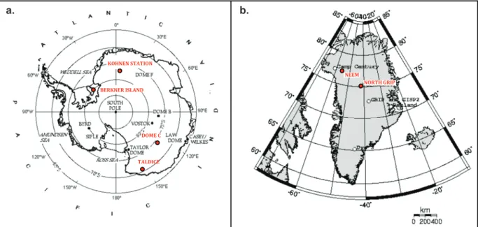 Figure I.1. Main deep ice coring sites in a. Antartica and b. Greenland. Sites studied in this  thesis are reported in red