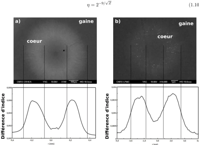 Figure 1.29 – Images MEB d’une préforme (D30) avec son proﬁl d’indice a) et d’une ﬁbre (G23) et son proﬁl d’indice.
