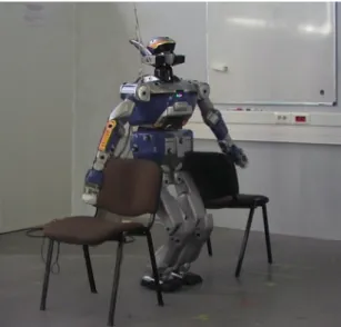 Figure 1: The robot HRP-2 passing between two chairs. In this kind of envi- envi-ronment whole-body collision avoidance is needed during locomotion.