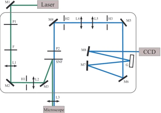 Figure 1.10 – Schematic view of the LabRAM spectrometer. M correspond to Mirrors, F to ﬁlters, L to Lenses, H to holes, P to Polarizers, G to the grating and SNF to the super-notch ﬁlter.