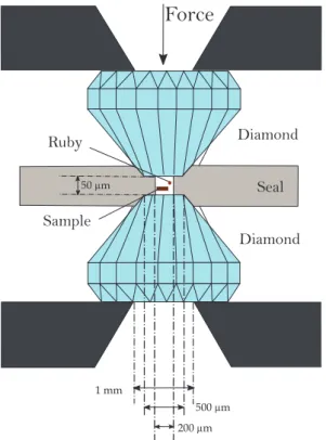 Figure 1.17 – Schematic view of a Diamond Anvil Cell. The sample and a ruby chip are placed inside a drilled seal with a transmitting medium