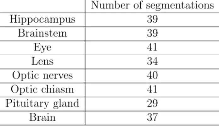 Table 1: Numbers of provided ground truth segmentations for different classes (in the database of 44 MRIs).