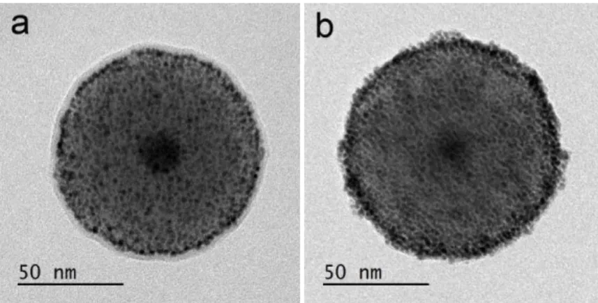 Figure  3.9.  Typical  TEM  images  of  15/35  QD/SiO 2 /PVIS/Au seeds   NPs  obtained  using  an  aged  gold  seeds  solution at pH ~4.5 (a) and 3.5 (b)