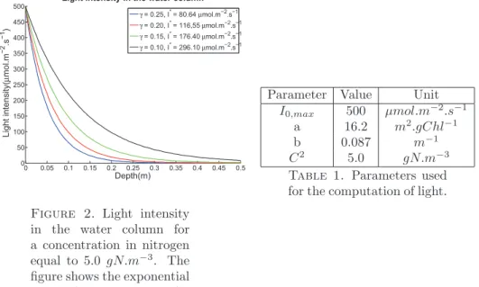 Figure 2. Light intensity in the water column for a concentration in nitrogen equal to 5.0 gN.m − 3 