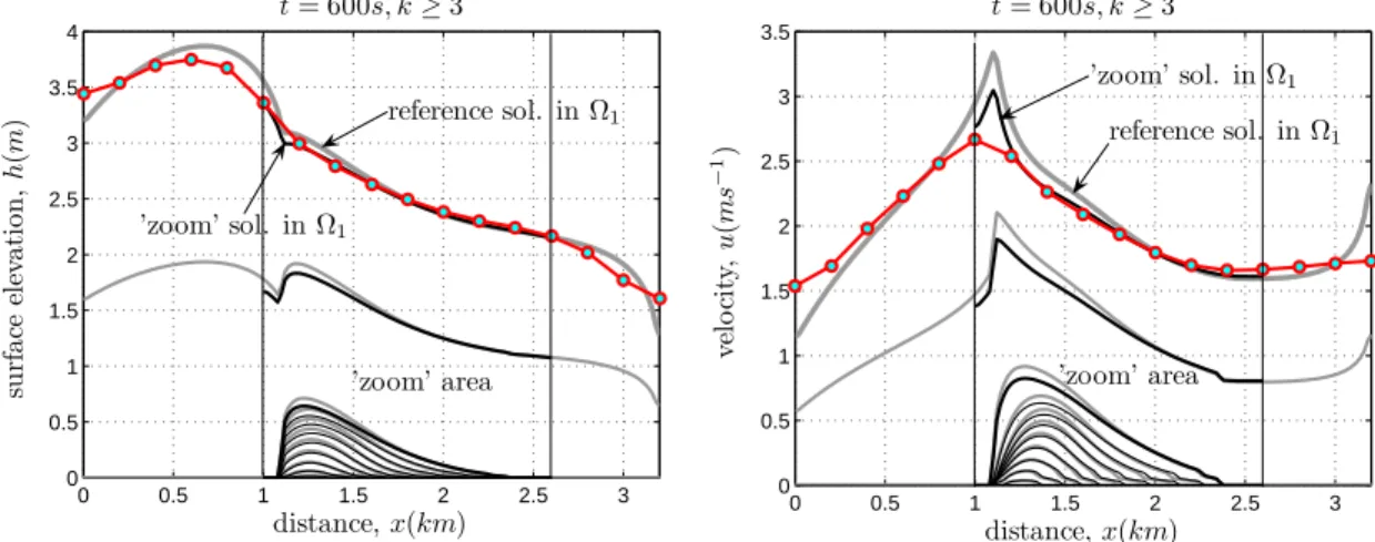 Fig. 7. WFR method, inconsistent discretization, using defect correction (13) Next we compute the 1Dand zoom solutions using the defect correction formula (13)