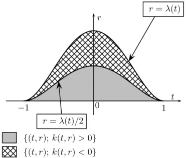 Figure 1: {(t, r); k(t, r) > 0} and {(t, r); k(t, r) < 0}